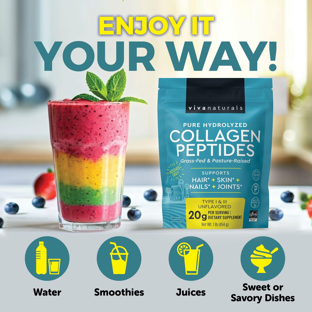 Collagen Peptides Powder - Grass-Fed Hydrolyzed Bovine, Type I & III - 19 g Protein, Unflavored - 1lb T445