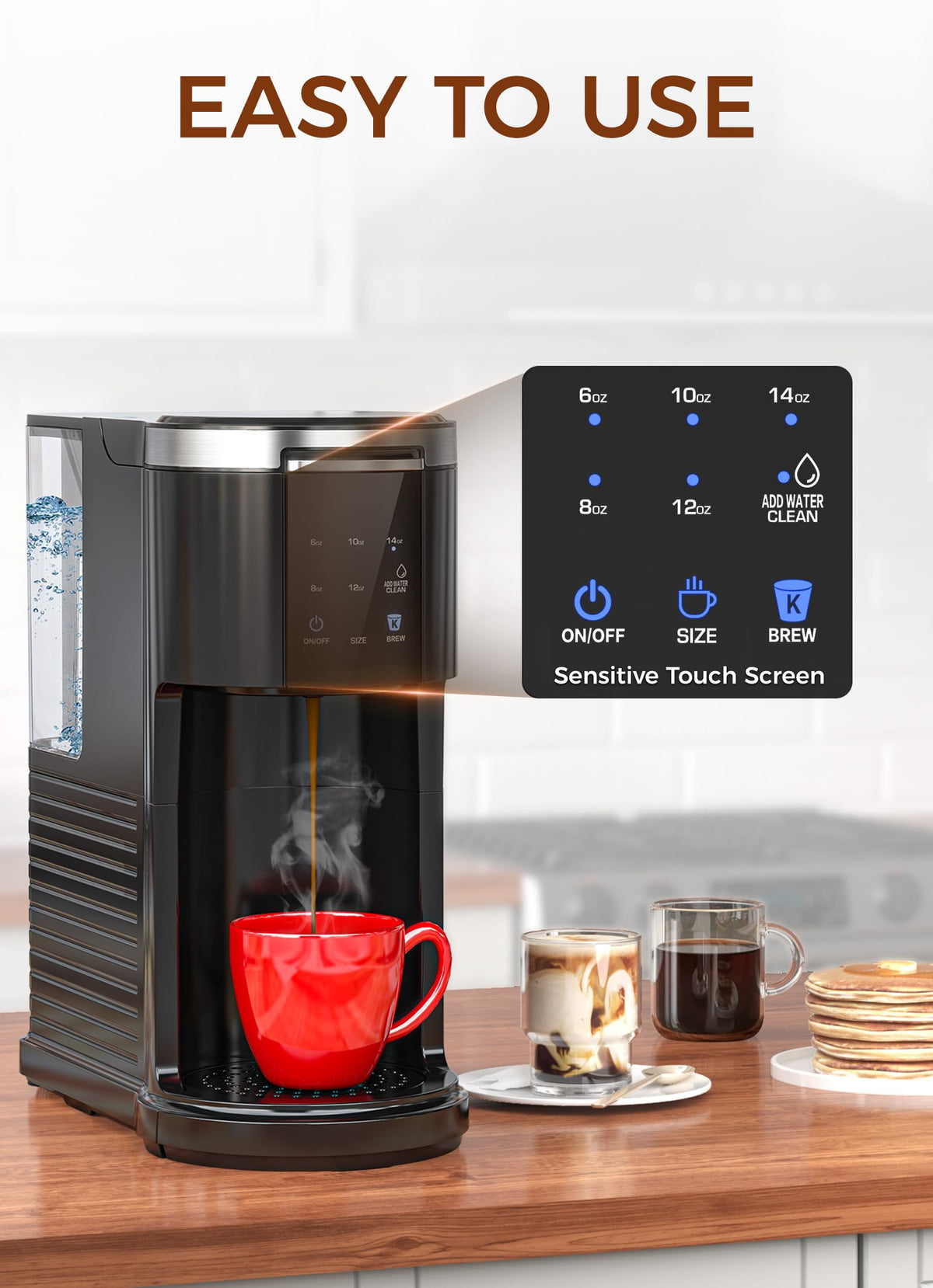 Single Serve Coffee Maker with 40 Oz Water Tank, 5 Brew Sizes, Black A14677