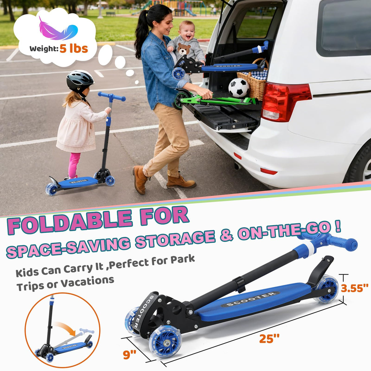 Kids 2-7 Age Light up 3 Wheels Folding Kick Scooter Q20617