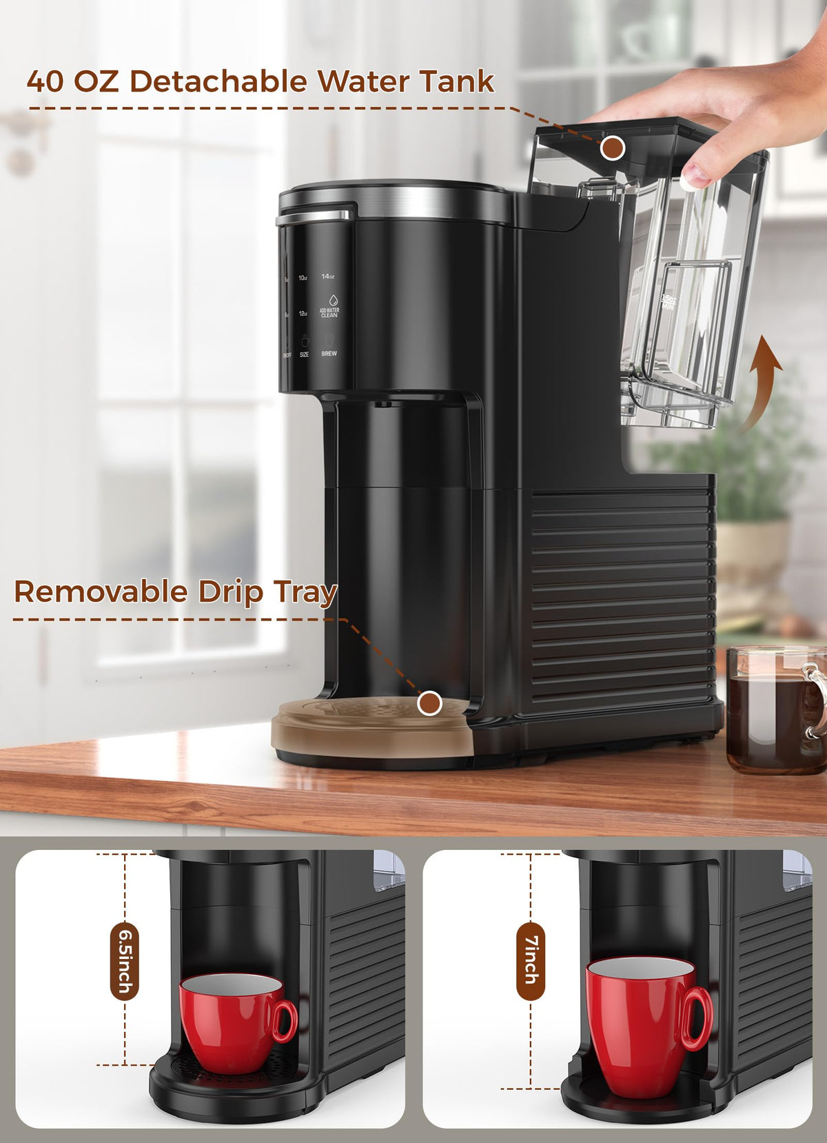 Single Serve Coffee Maker with 40 Oz Water Tank, 5 Brew Sizes, Black A14677