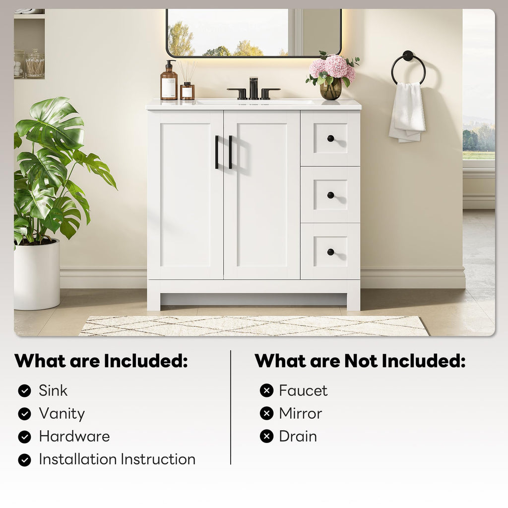 36" White Bathroom Vanity with Sink, 2 Soft-Close Drawers & Doors T815
