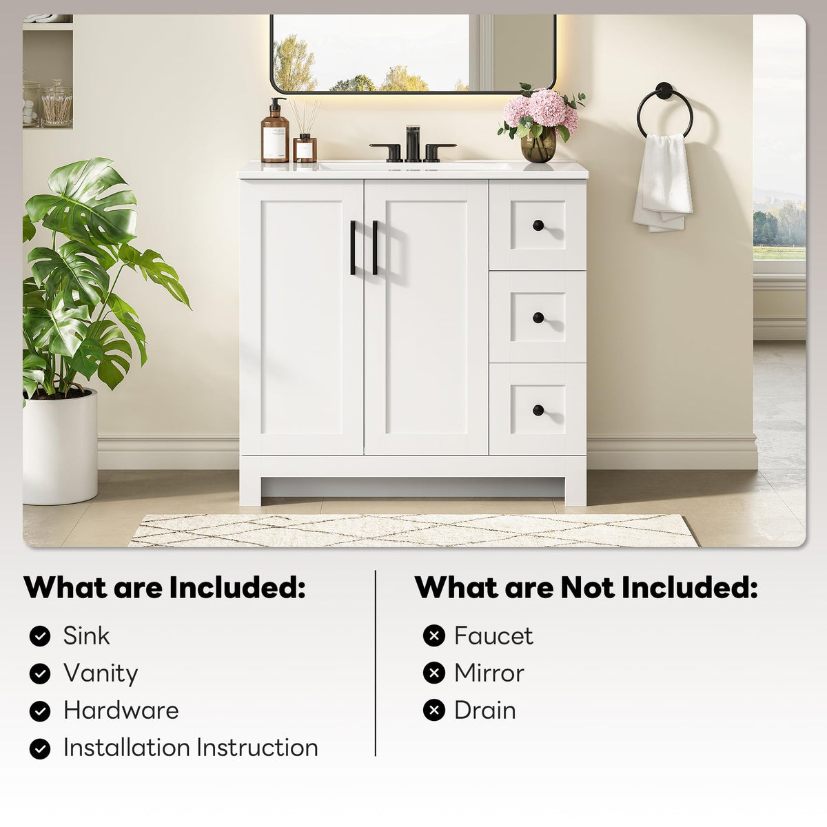 36" White Bathroom Vanity with Sink, 2 Soft-Close Drawers & Doors T815