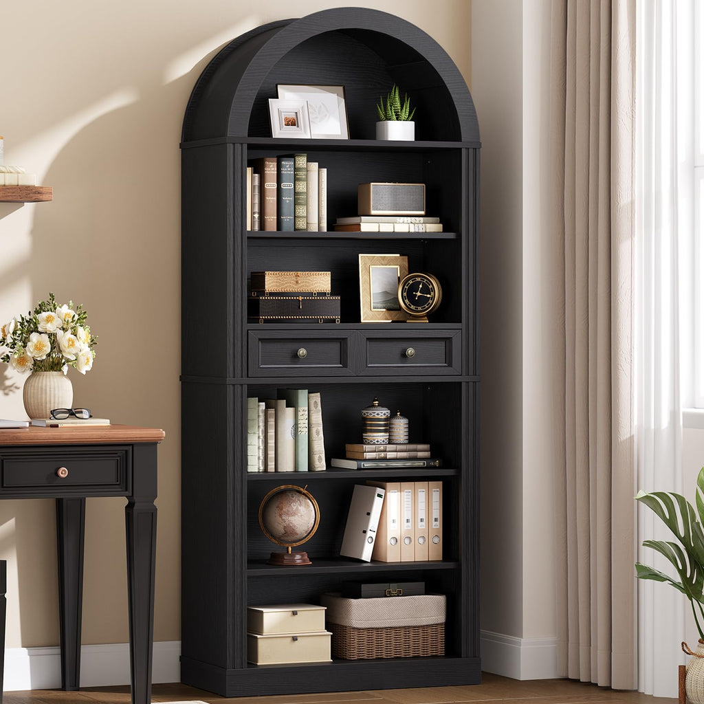 73" Tall Black 6-Tier Wood Bookshelf with Drawer P96476