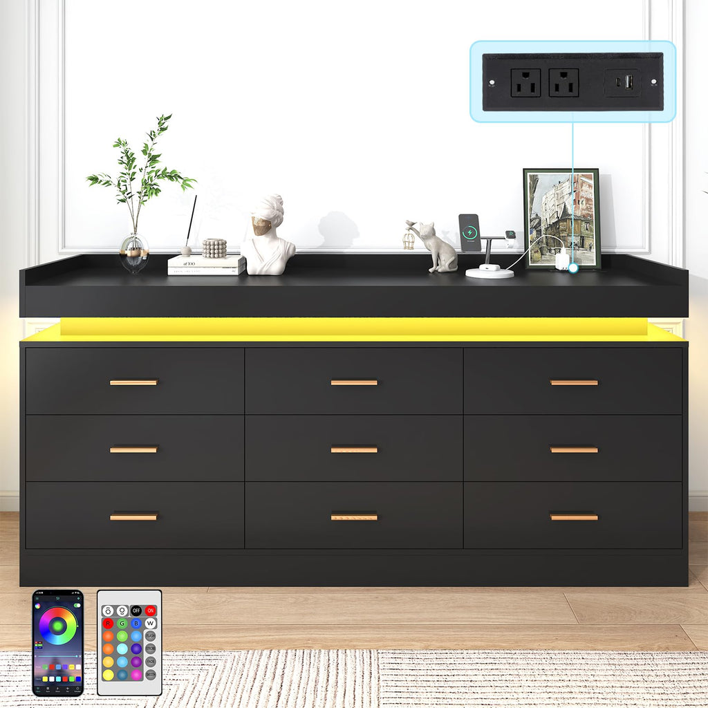 Black 9 Drawer Dresser with Charging Station and LED Lights U57051