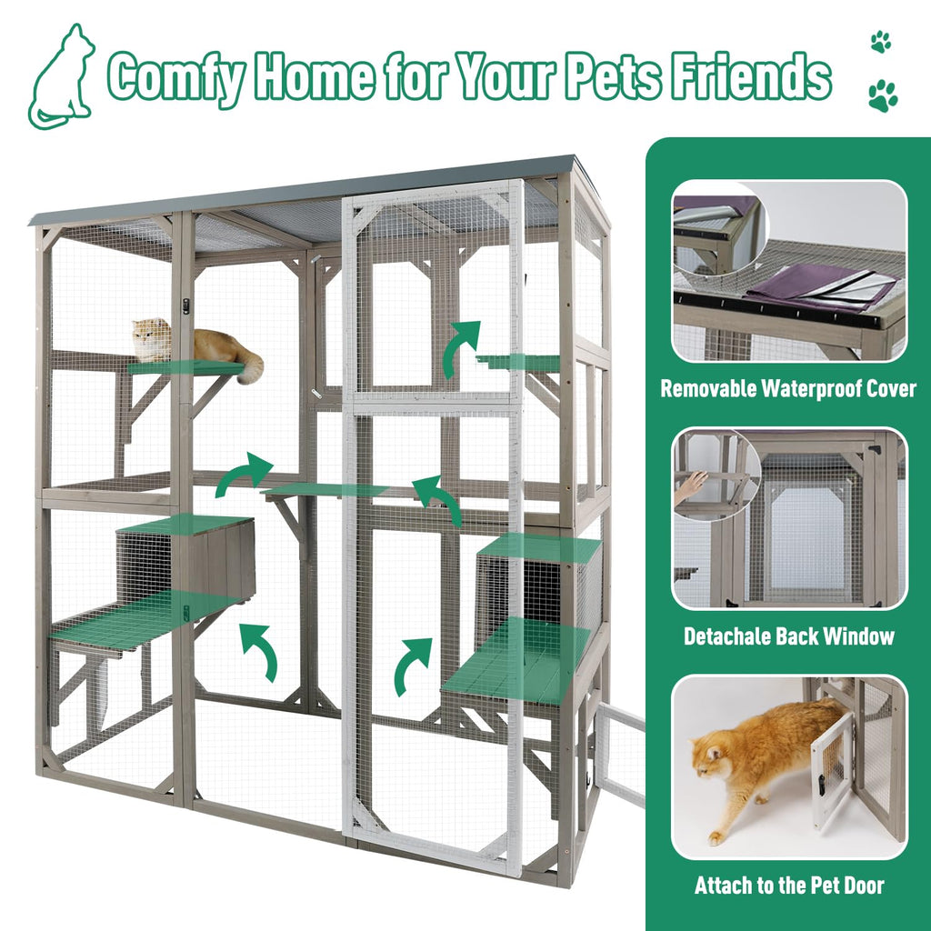 Large Wooden Outdoor Cat Catio Enclosure with 2 Doors, 2 Resting Rooms, 5 Platforms U22433
