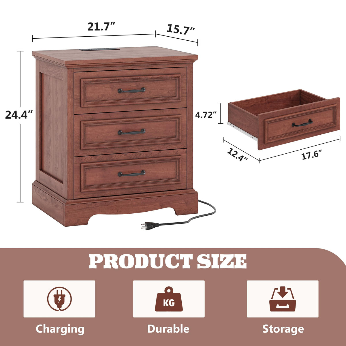 Cherry Brown 3 Drawer Nightstand with Charging Station M77266