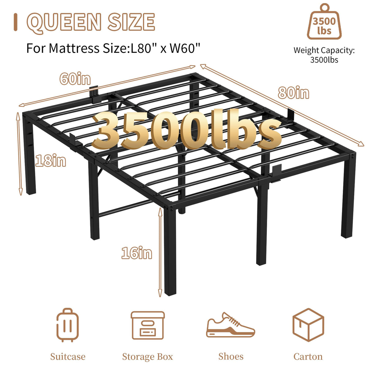 18 Inch Queen Size Black Metal Platform Bed Frame F864479