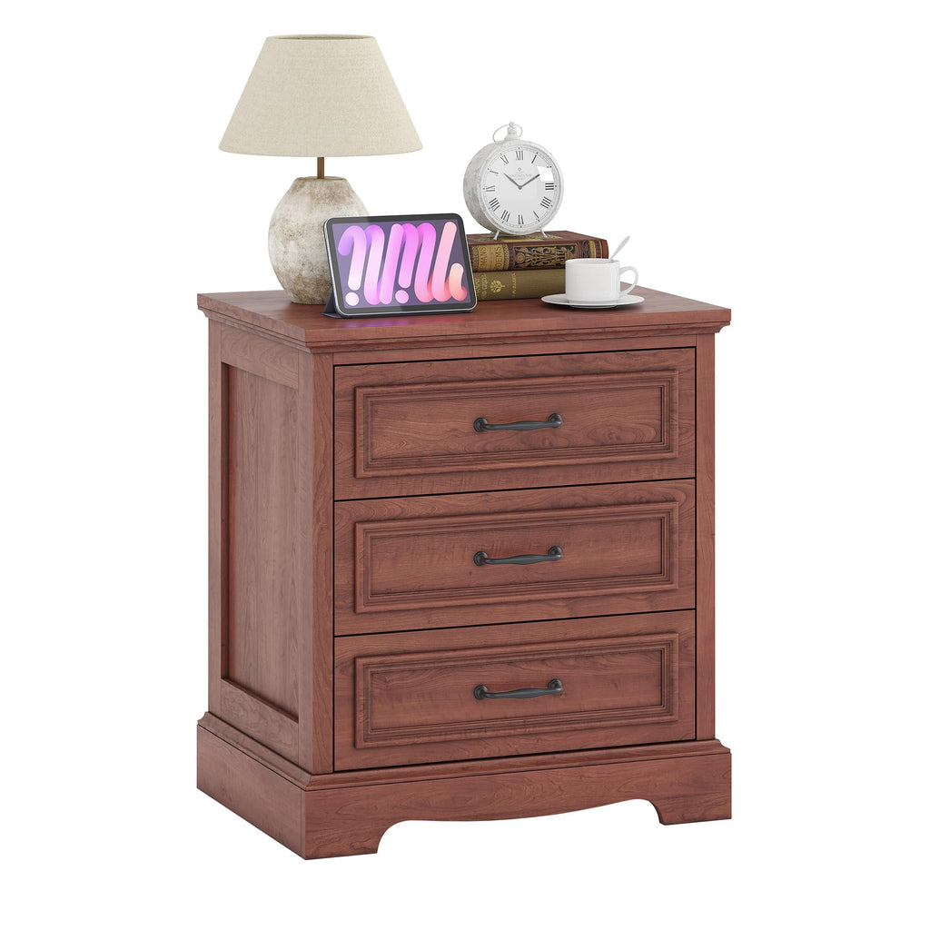 Cherry Brown 3 Drawer Nightstand with Charging Station M77266