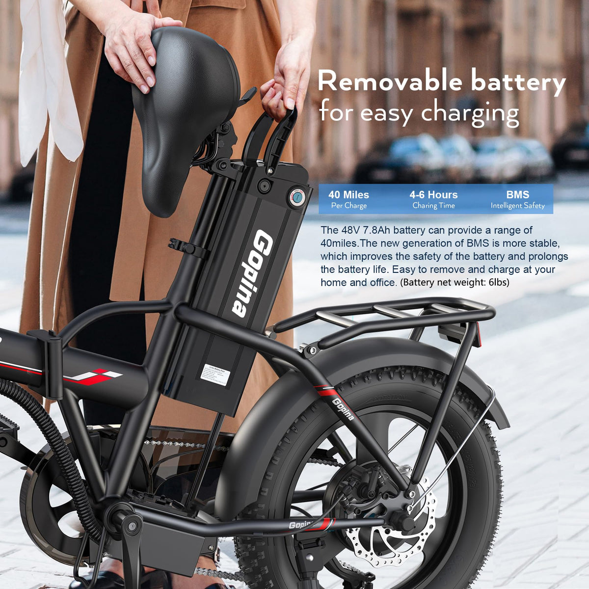 Peak 500W Step Over Electric Bicycle, 16" x 3.0 Fat Tire, 48V Removable Battery, 7 Speed P456