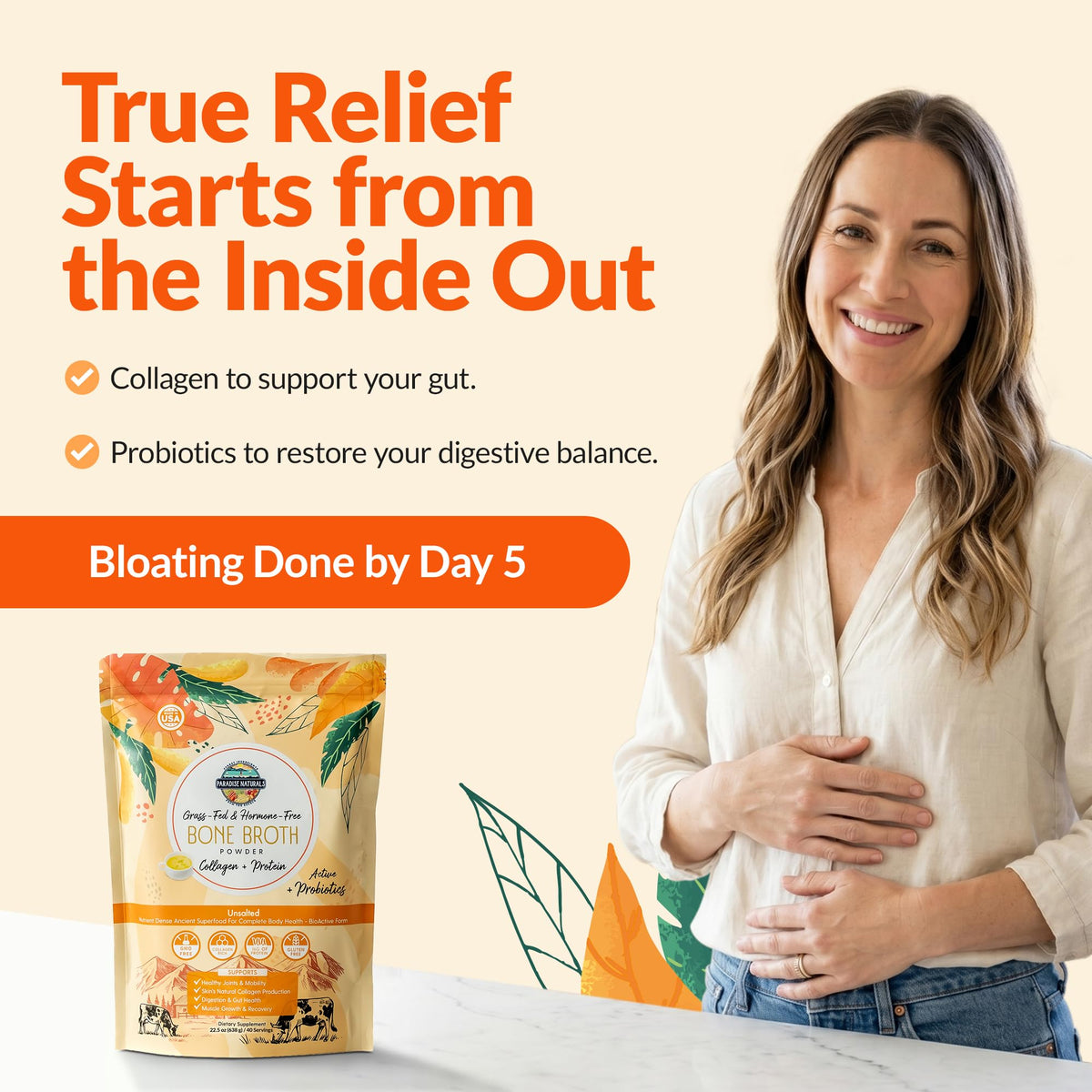 100% Grass-Fed Beef Bone Broth Powder with Probiotics Collagen 15g Protein U1883
