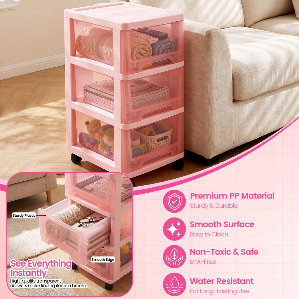 Pink 3-tier Plastic Storage Cart with Wheels J439