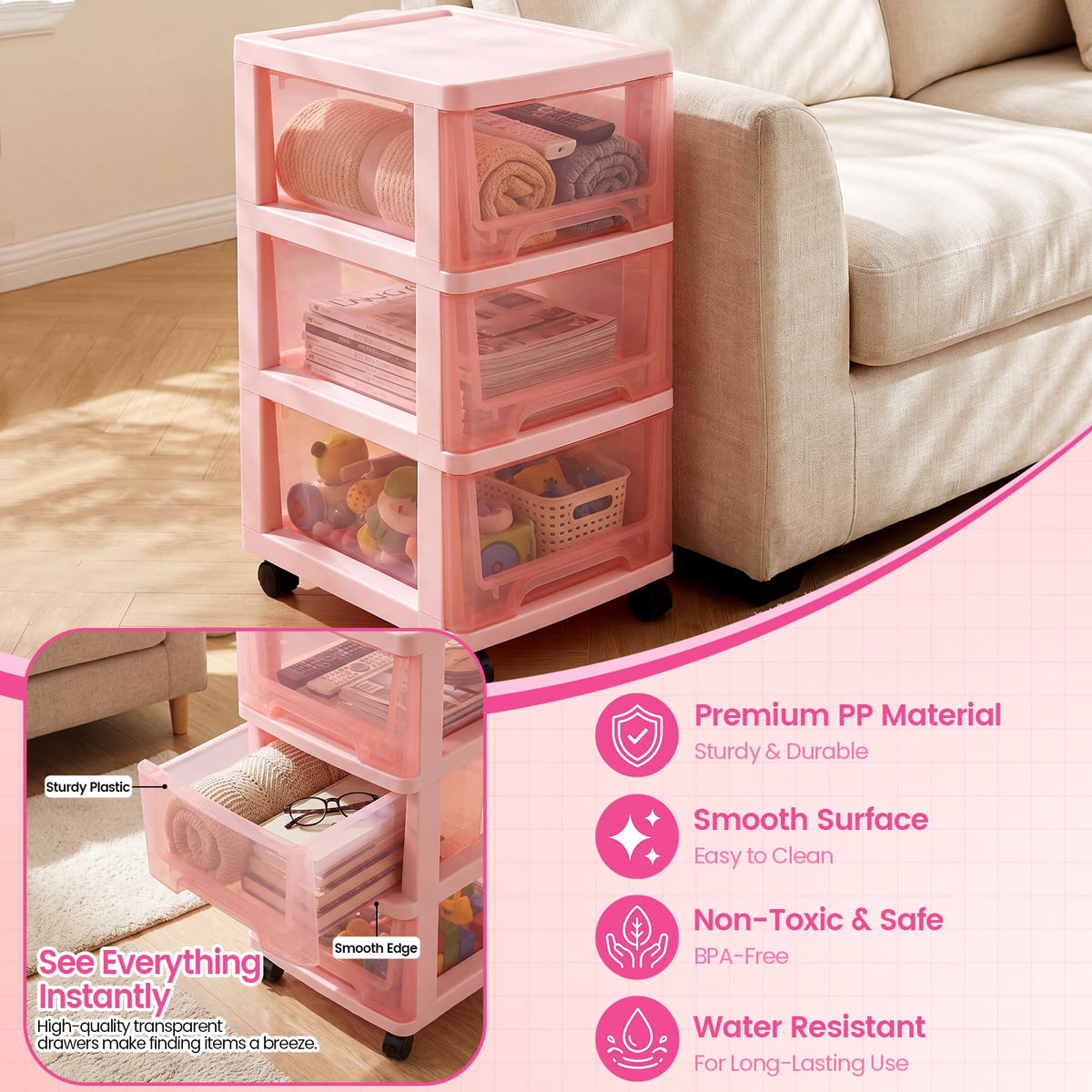 Pink 3-tier Plastic Storage Cart with Wheels J439