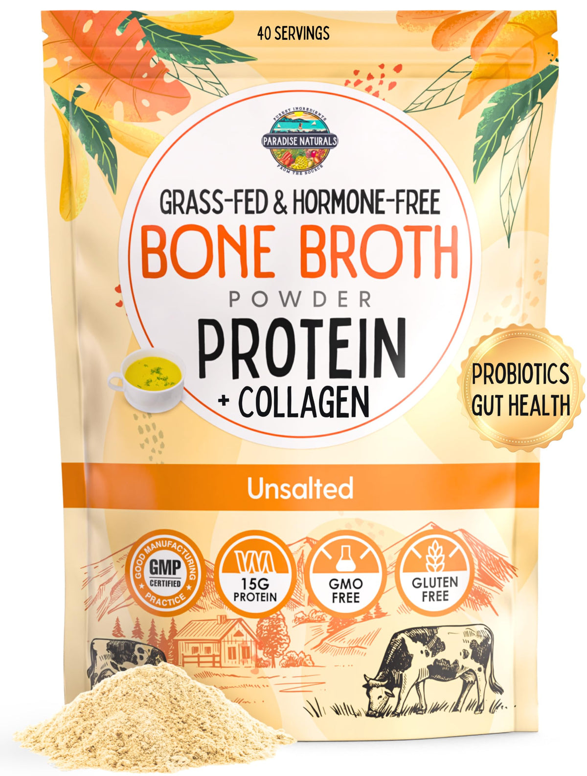 100% Grass-Fed Beef Bone Broth Powder with Probiotics Collagen 15g Protein U1883