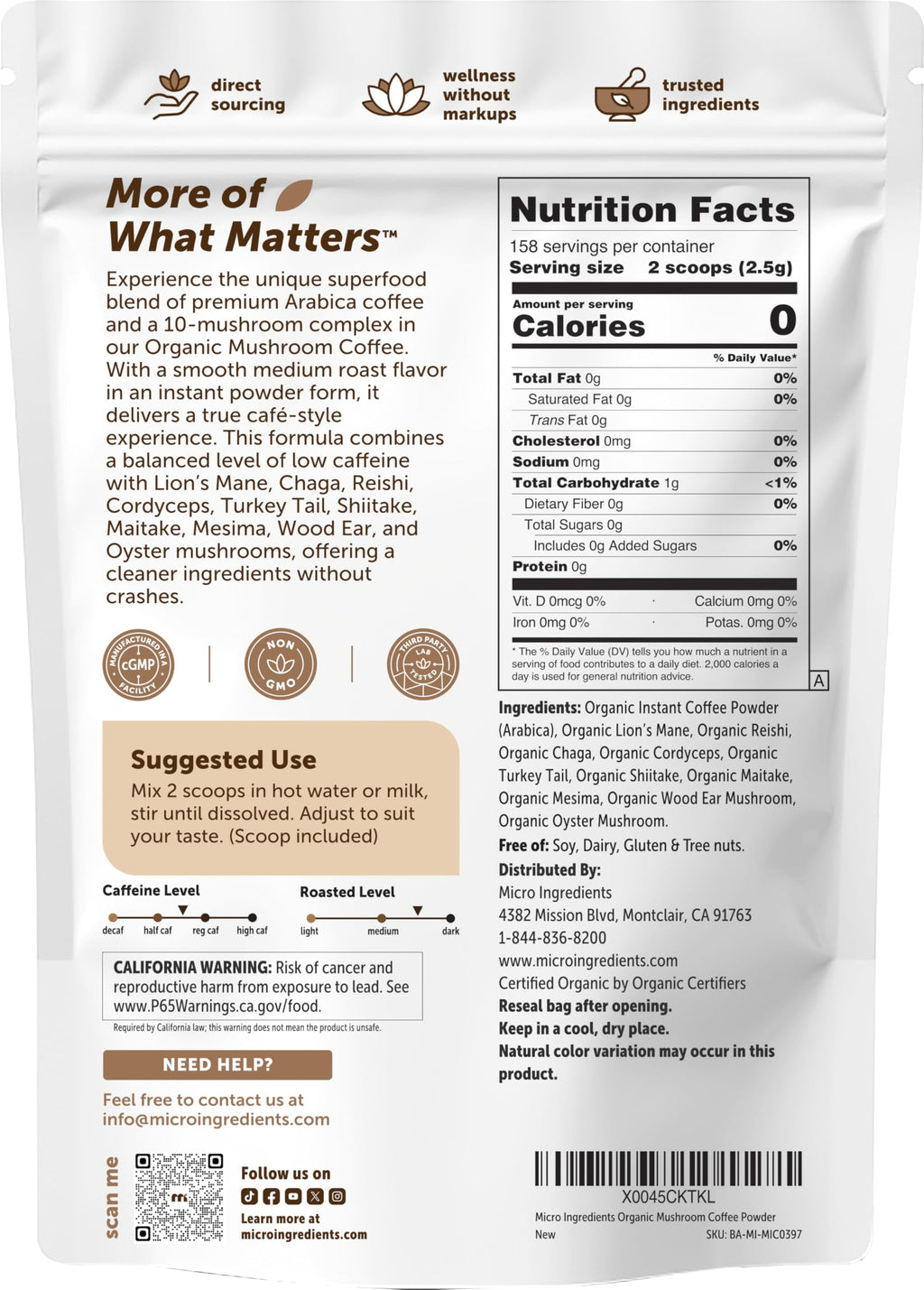 Organic Instant Mushroom Coffee, 14 oz Medium Roast Arabica Q972