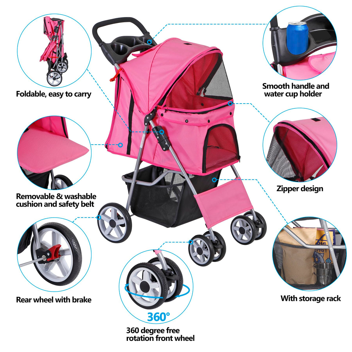 Foldable Pet Stroller with Waterproof Cover, Pink H781633