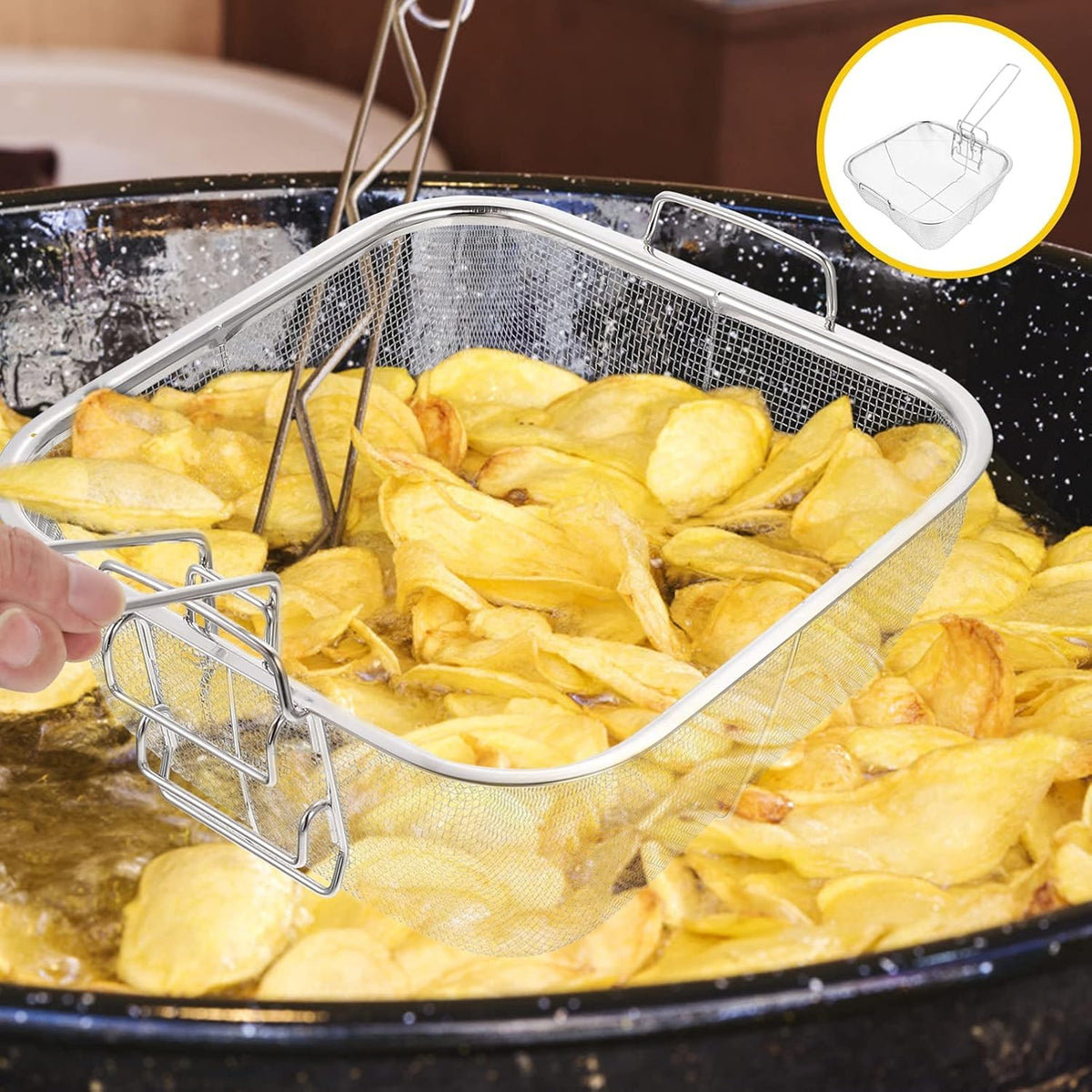 8 Inch Square Stainless Steel Wire Fry Basket with Folding Handle B3362