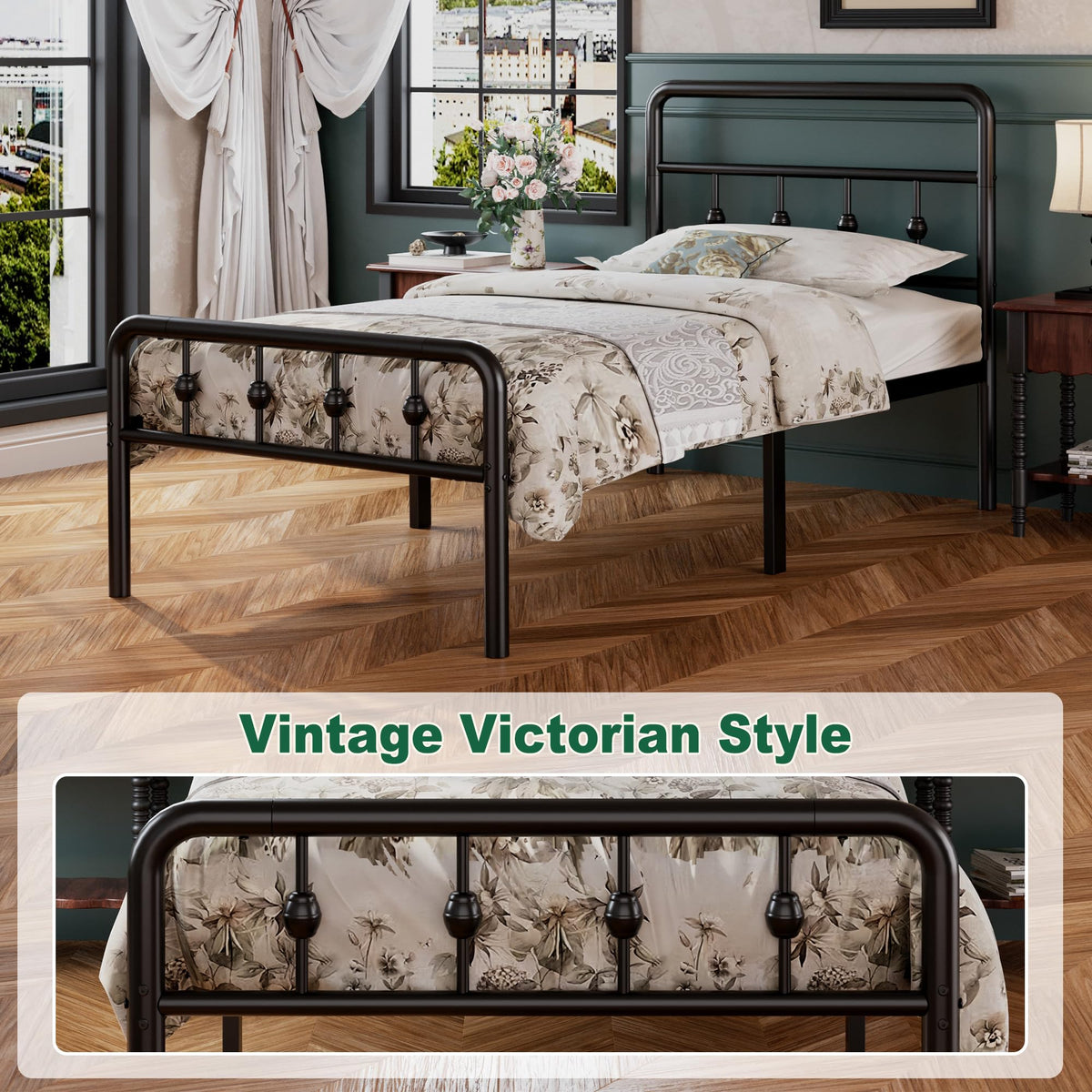 16 Inch Twin Metal Platform Bed with Headboard and Footboard T80257