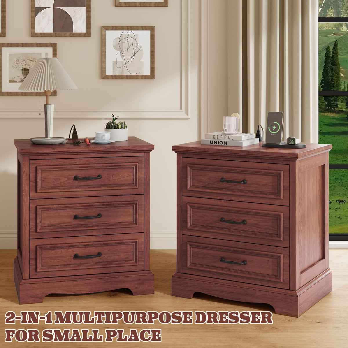 Cherry Brown 3 Drawer Nightstand with Charging Station M77266