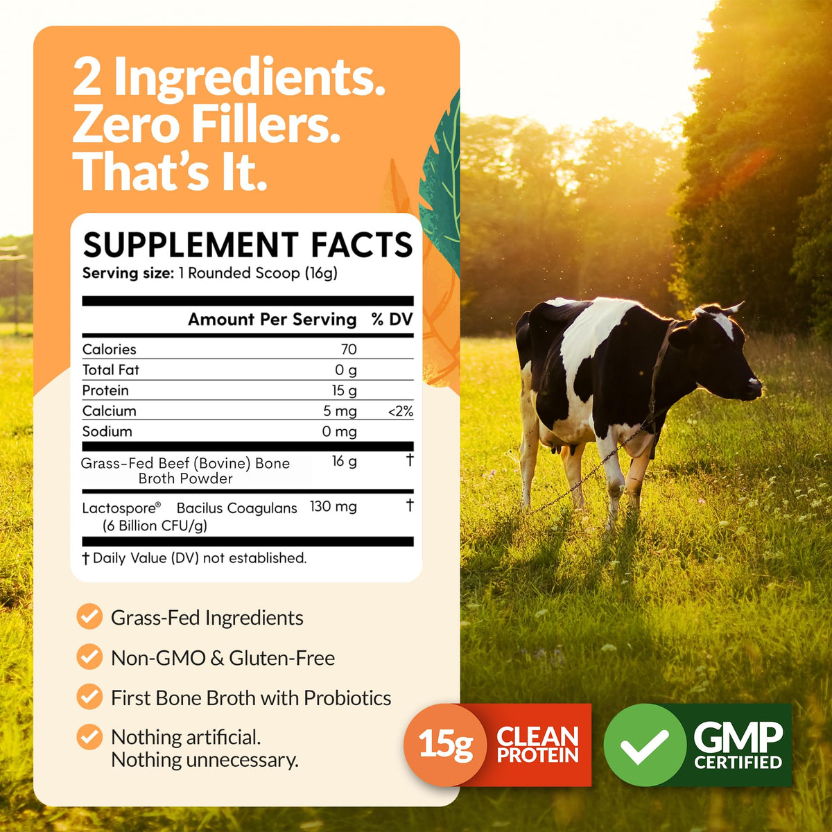 100% Grass-Fed Beef Bone Broth Powder with Probiotics Collagen 15g Protein U1883