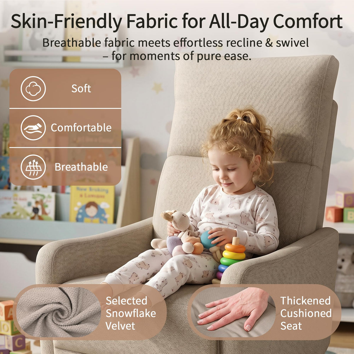 Light Brown Velvet Swivel Rocker Recliner Chair Y695775
