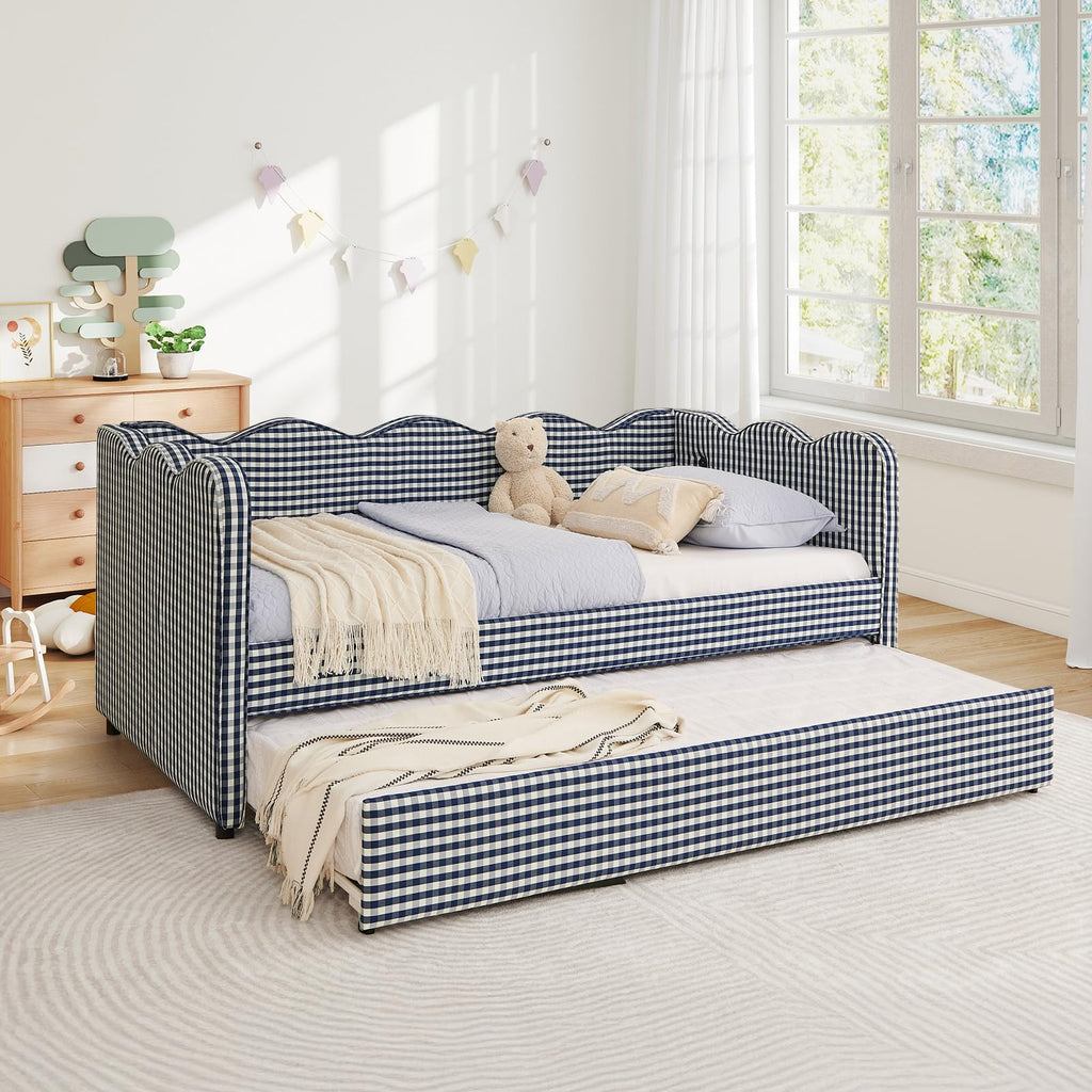 Blue Linen Upholstered Twin Daybed with Trundle U603551
