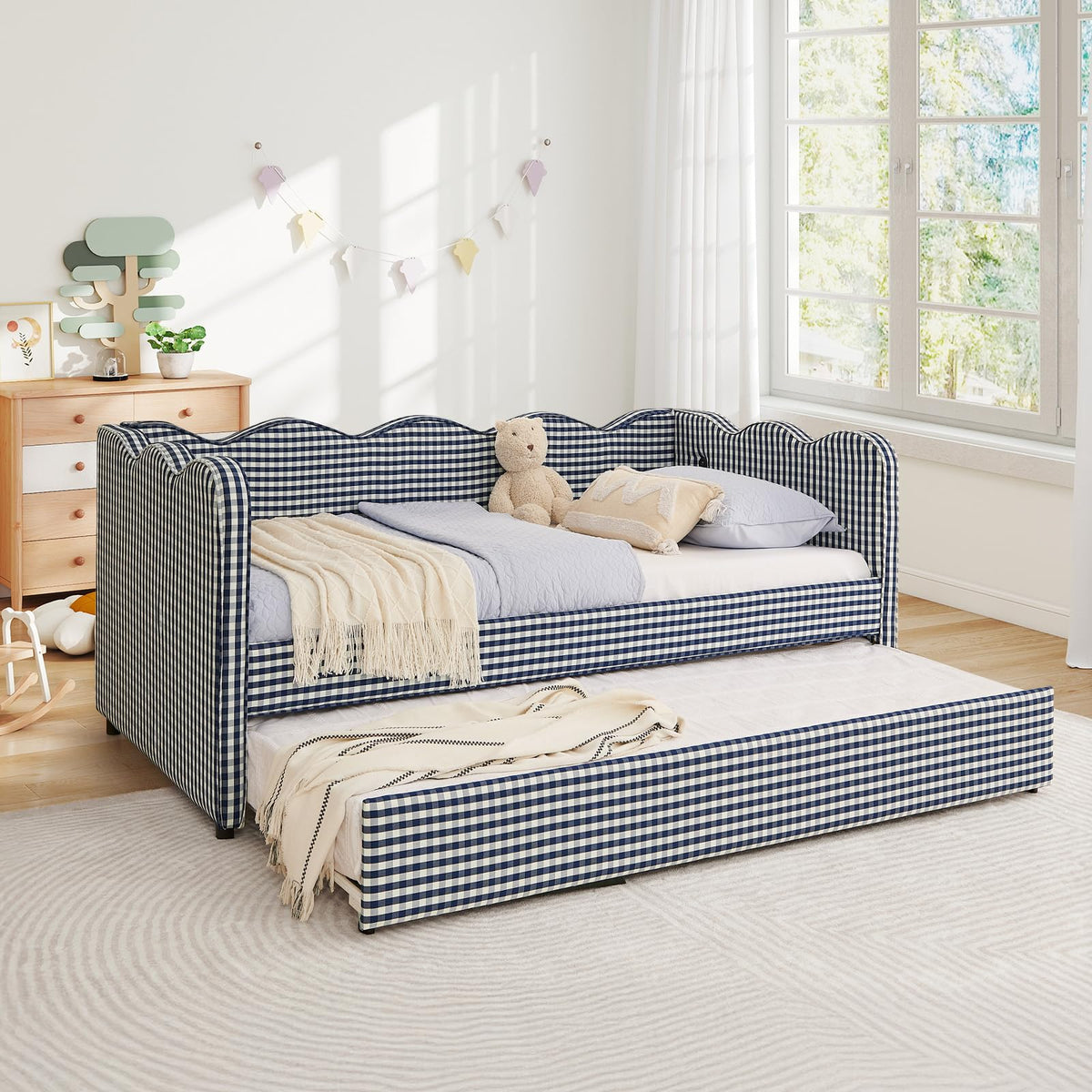 Blue Linen Upholstered Twin Daybed with Trundle U603551