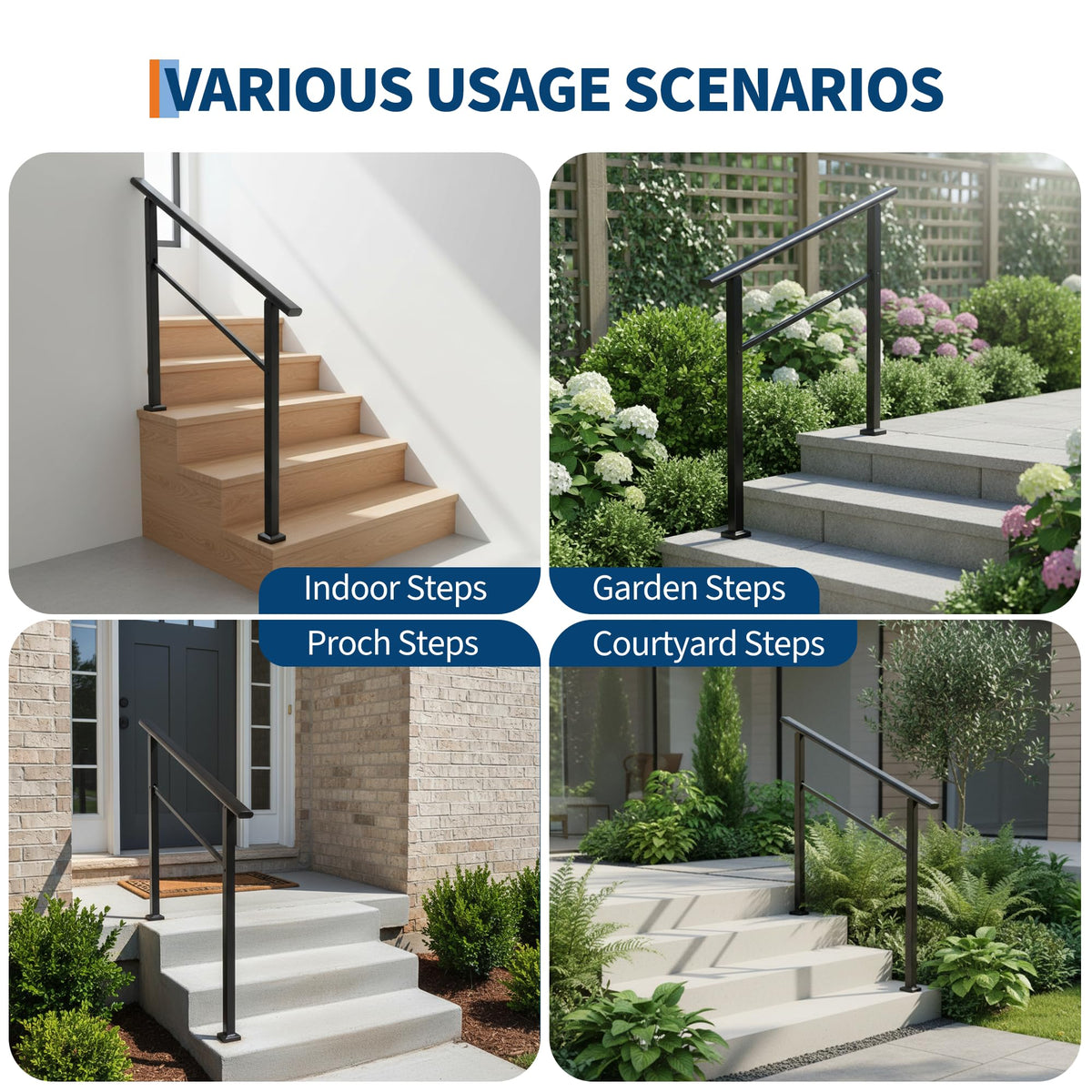 4 Step Black Aluminum Iron Outdoor Stair Handrail Kit N4286