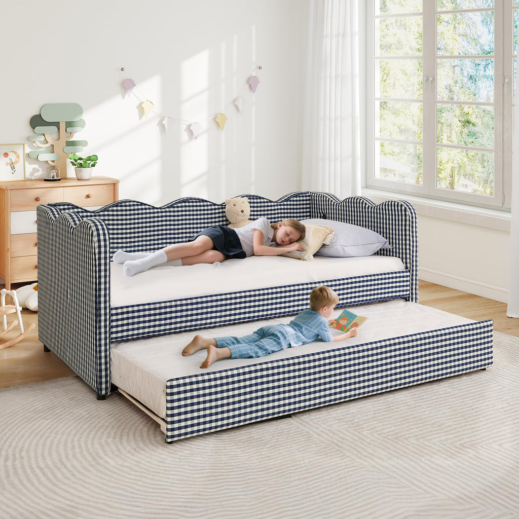 Blue Linen Upholstered Twin Daybed with Trundle U603551