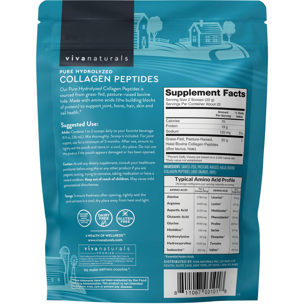 Collagen Peptides Powder - Grass-Fed Hydrolyzed Bovine, Type I & III - 19 g Protein, Unflavored - 1lb T445
