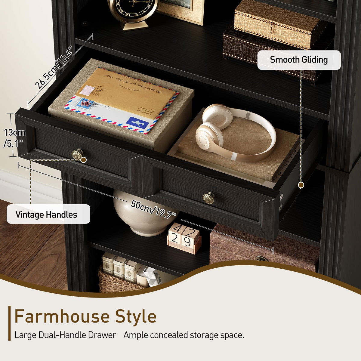 73" Tall Black 6-Tier Wood Bookshelf with Drawer P96476