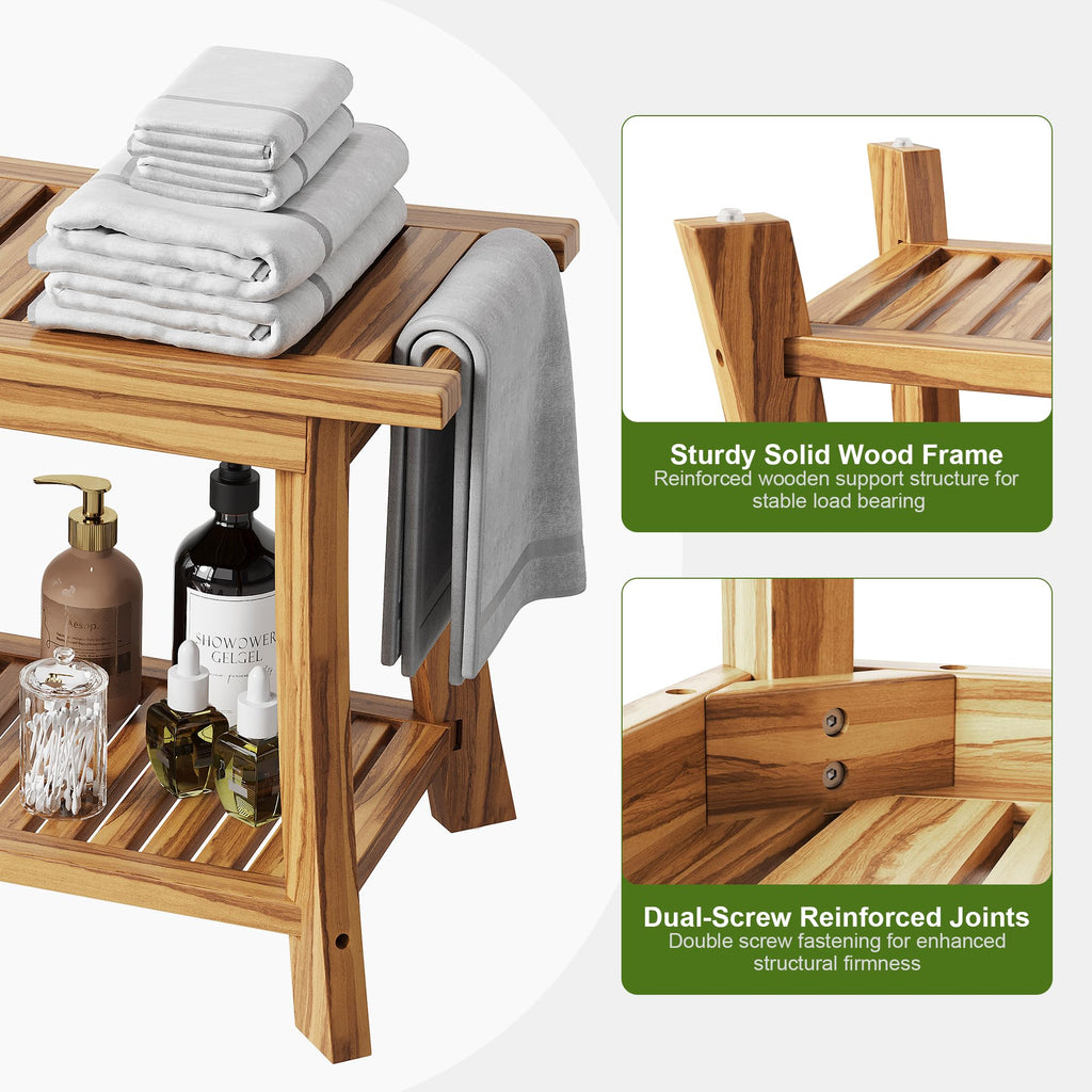 24" Teak Shower Bench with Handles & Towel Shelf D143