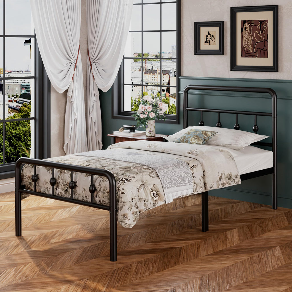 16 Inch Twin Metal Platform Bed with Headboard and Footboard T80257