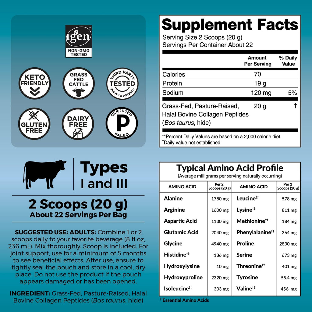 Collagen Peptides Powder - Grass-Fed Hydrolyzed Bovine, Type I & III - 19 g Protein, Unflavored - 1lb T445