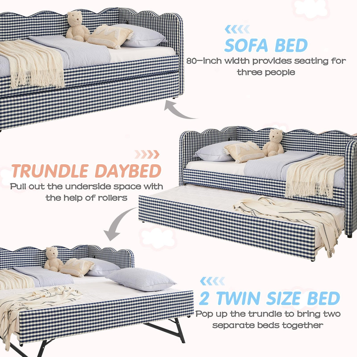 Blue Linen Upholstered Twin Daybed with Trundle U603551