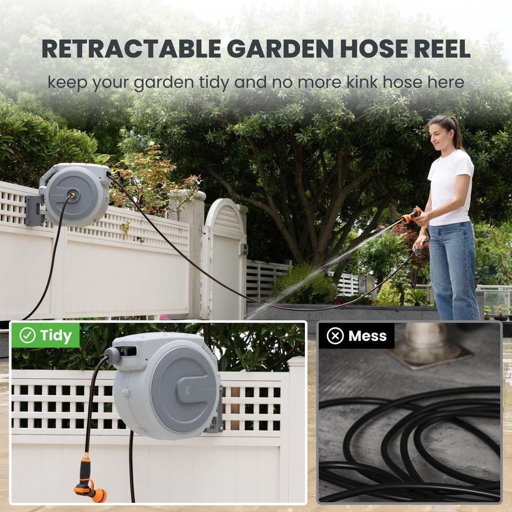 Retractable Garden Hose Reel 1/2" 130FT Wall Mount Light Grey K1353