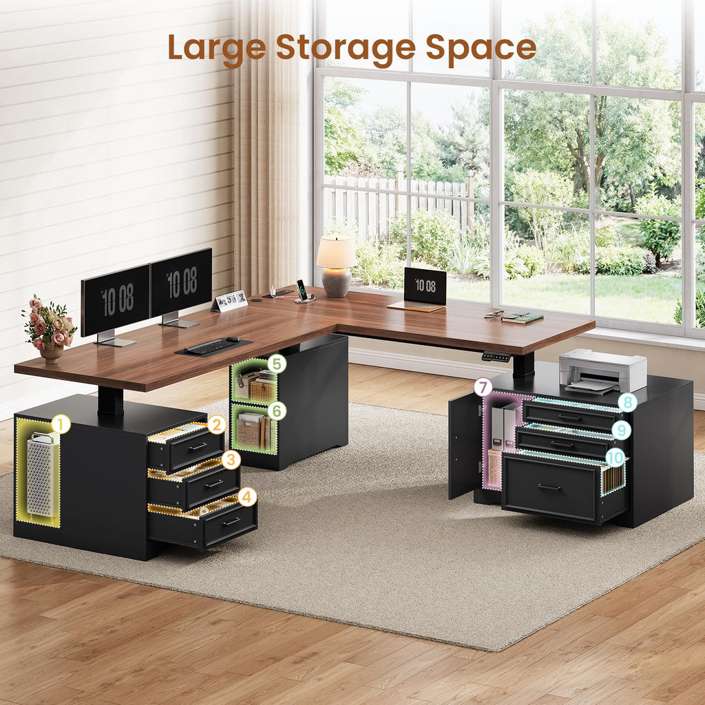 L Shaped Black Electric Standing Desk with 6 Drawers E9142