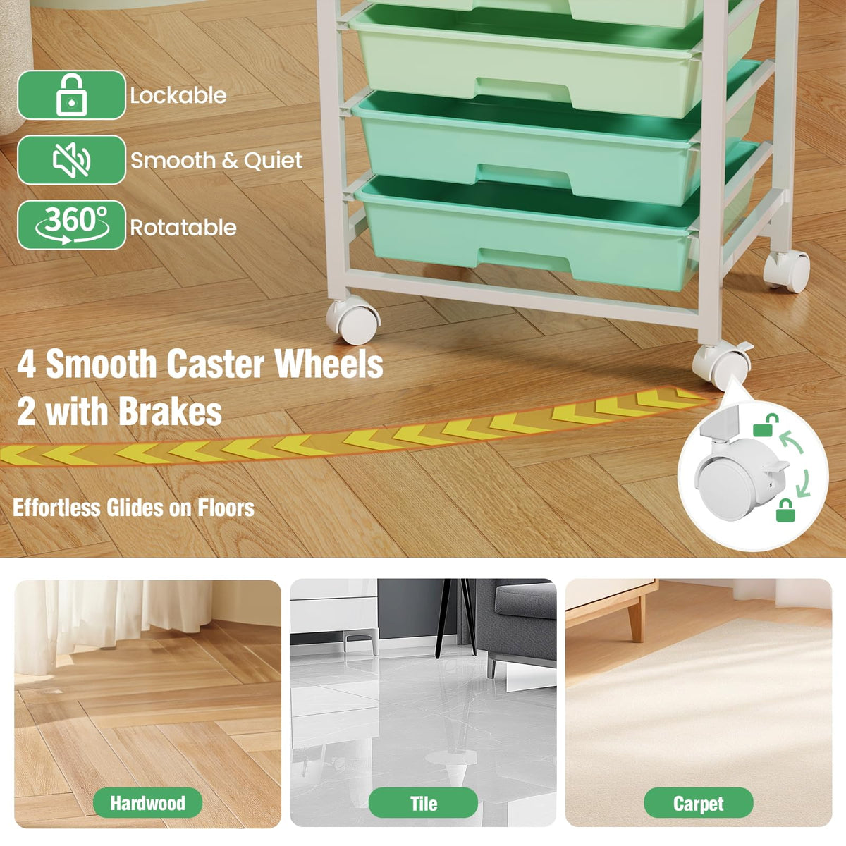 Rolling Storage Cart with 8 Drawers & Wooden Tabletop, Green, White G597257