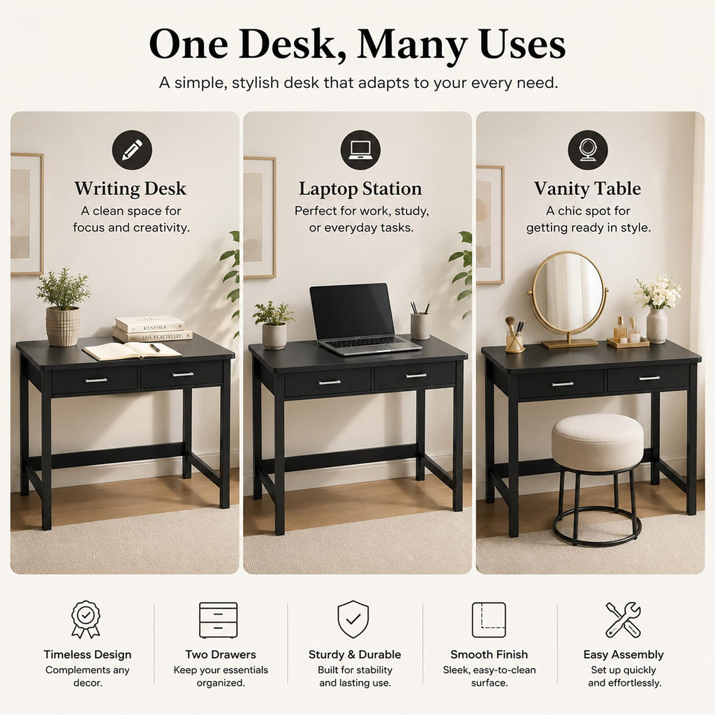 39.4" Small Desk with Wood Drawers Black E78325