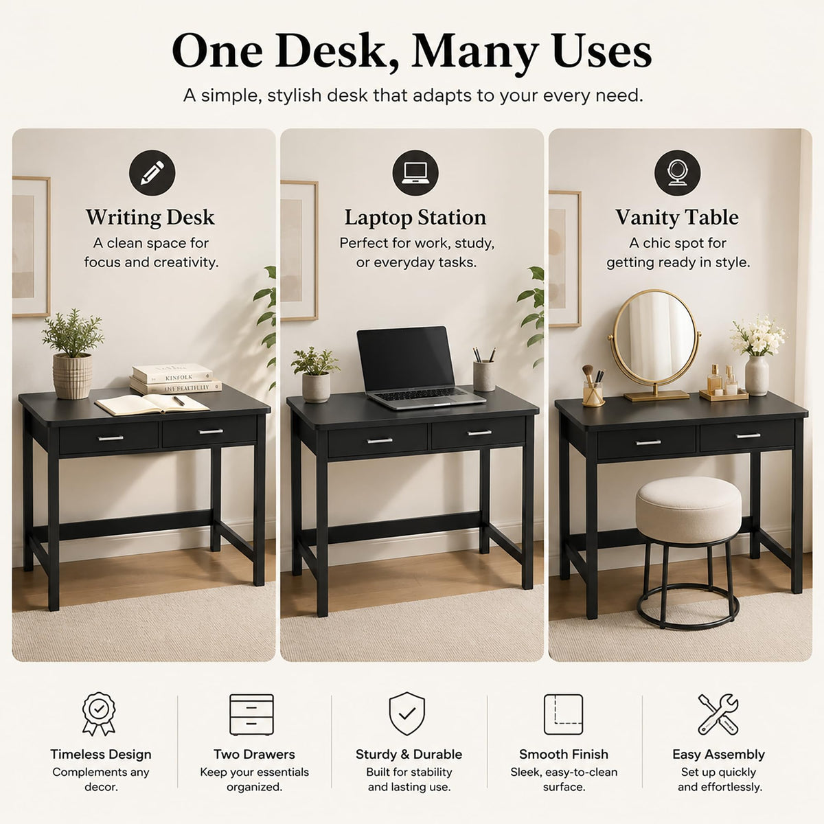 39.4" Small Desk with Wood Drawers Black E78325