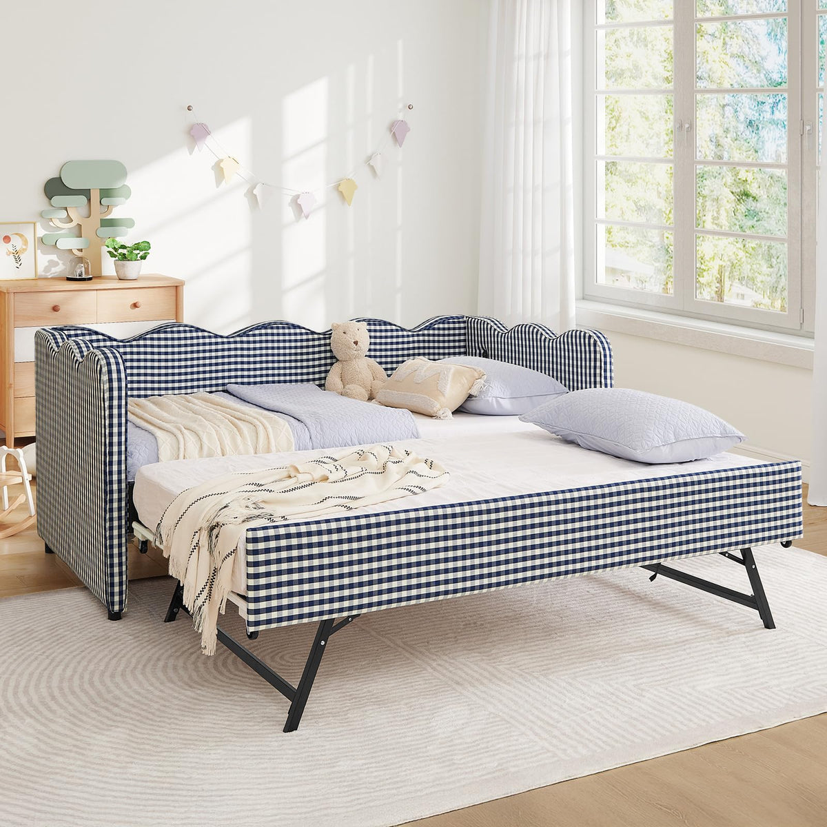 Blue Linen Upholstered Twin Daybed with Trundle U603551