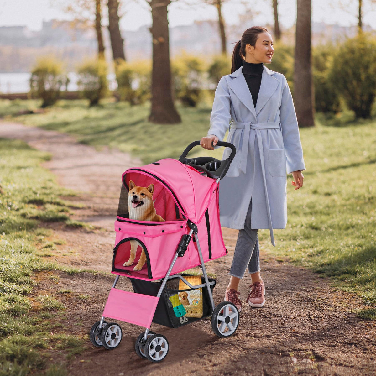 Foldable Pet Stroller with Waterproof Cover, Pink H781633