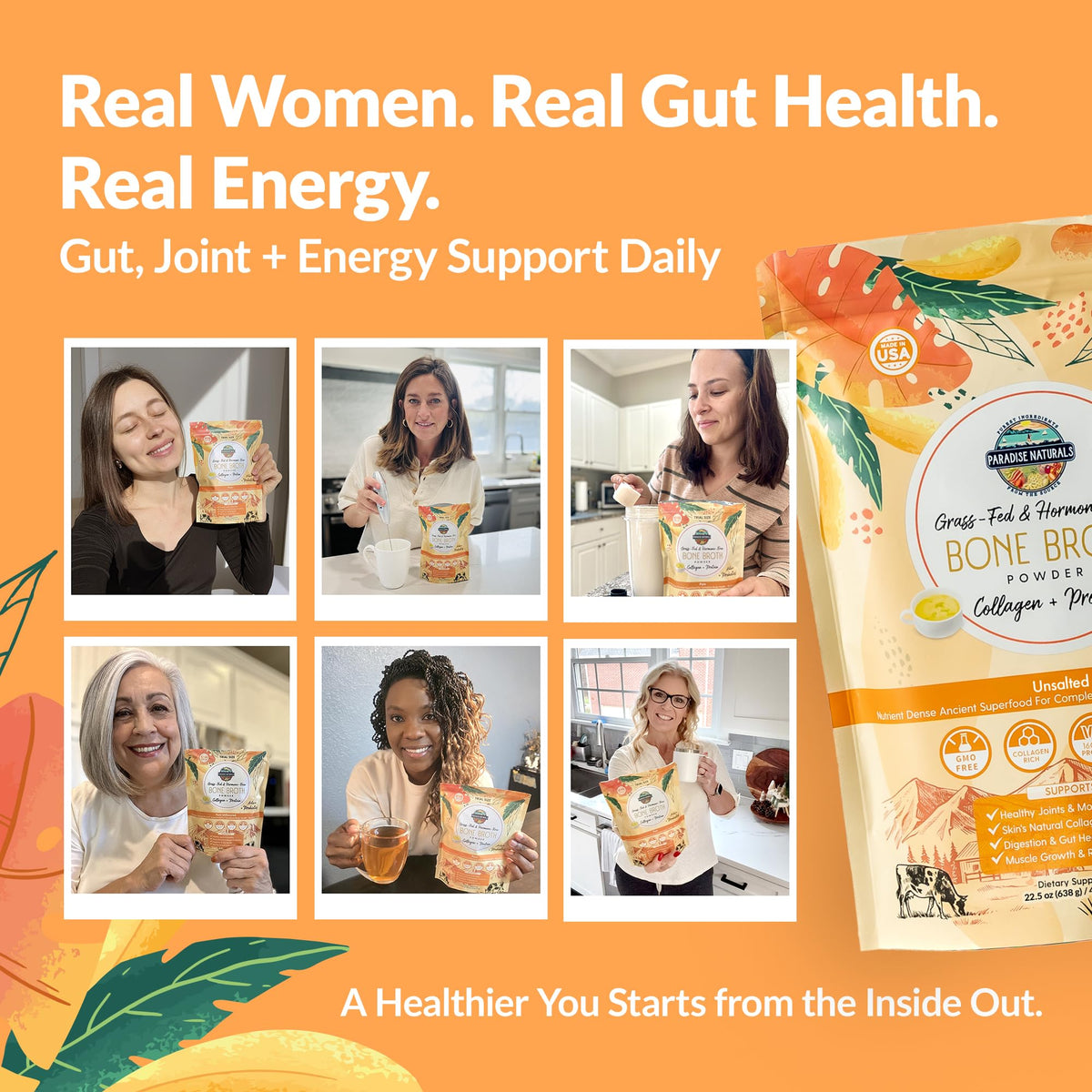 100% Grass-Fed Beef Bone Broth Powder with Probiotics Collagen 15g Protein U1883