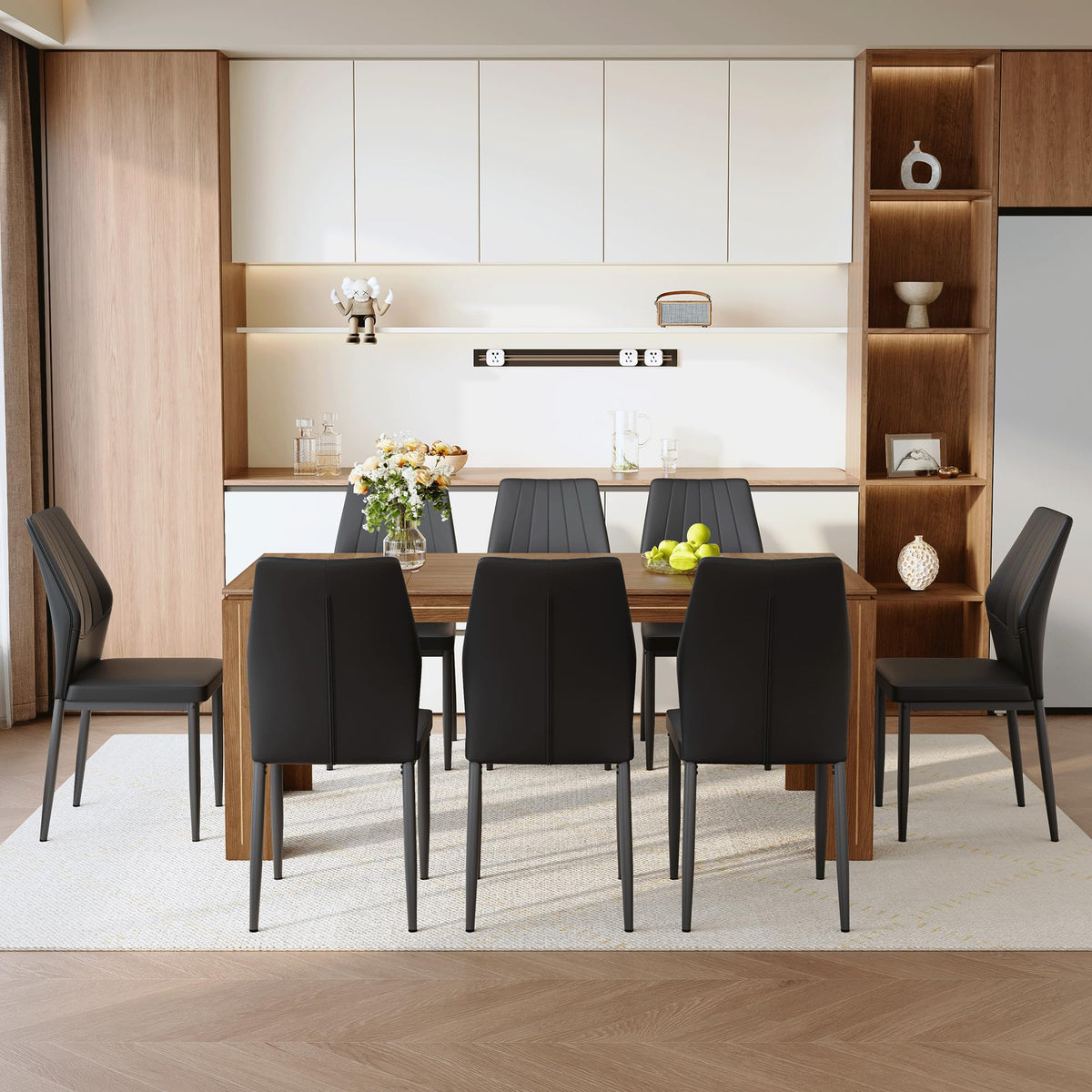 71" Farmhouse Dining Table Set for 8 with PU Leather Chairs Z86197