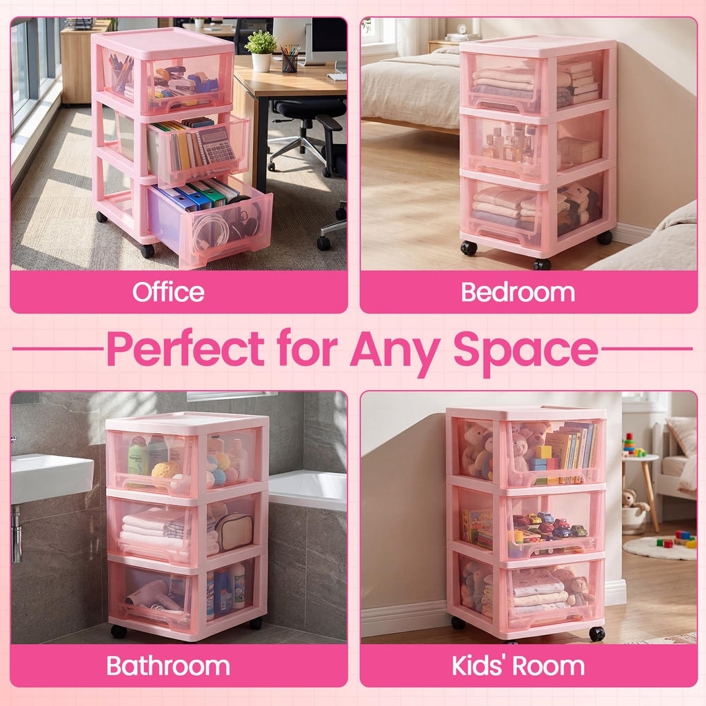 Pink 3-tier Plastic Storage Cart with Wheels J439