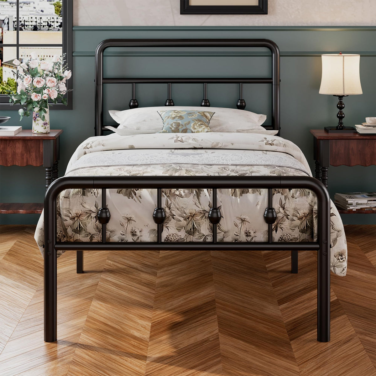 16 Inch Twin Metal Platform Bed with Headboard and Footboard T80257