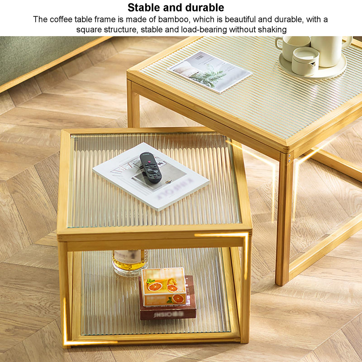 Square Glass Nesting Coffee Tables Set of 2 with Bamboo Frame D529934