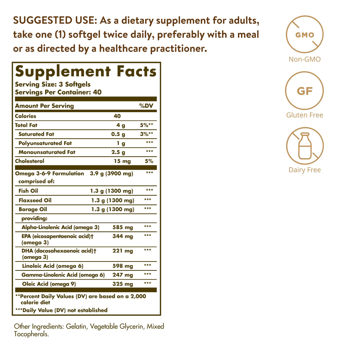 1300 mg Omega 3-6-9 120 Softgels Fish Oil Supplement E7572