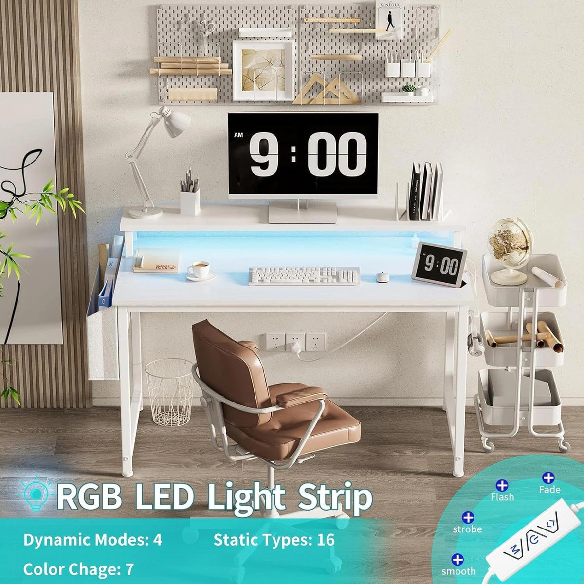 White 40 Inch Computer Desk with LED Lights and Power Outlets O8156
