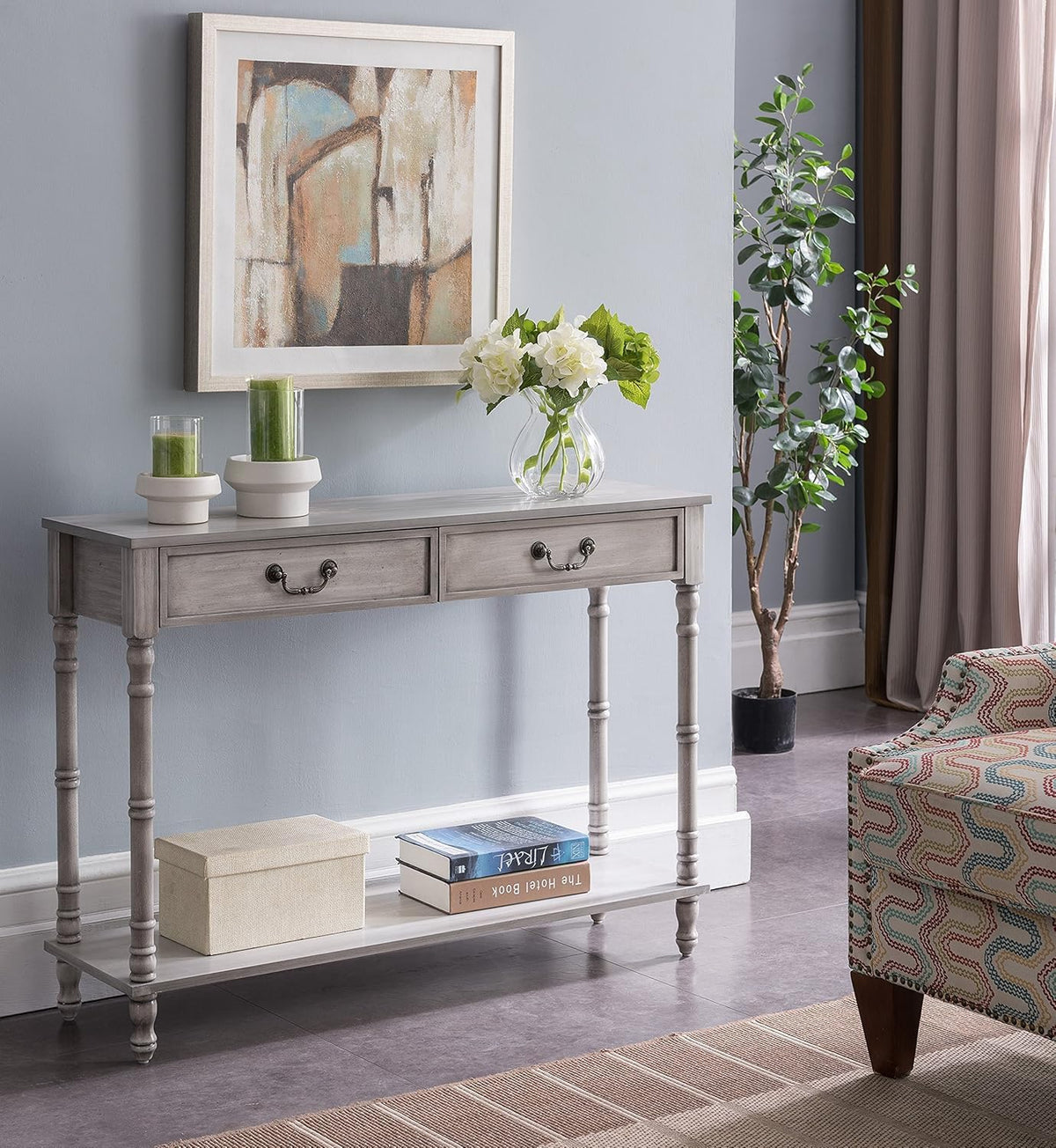 Washed Oak Wood Console Table with 2 Drawers P974