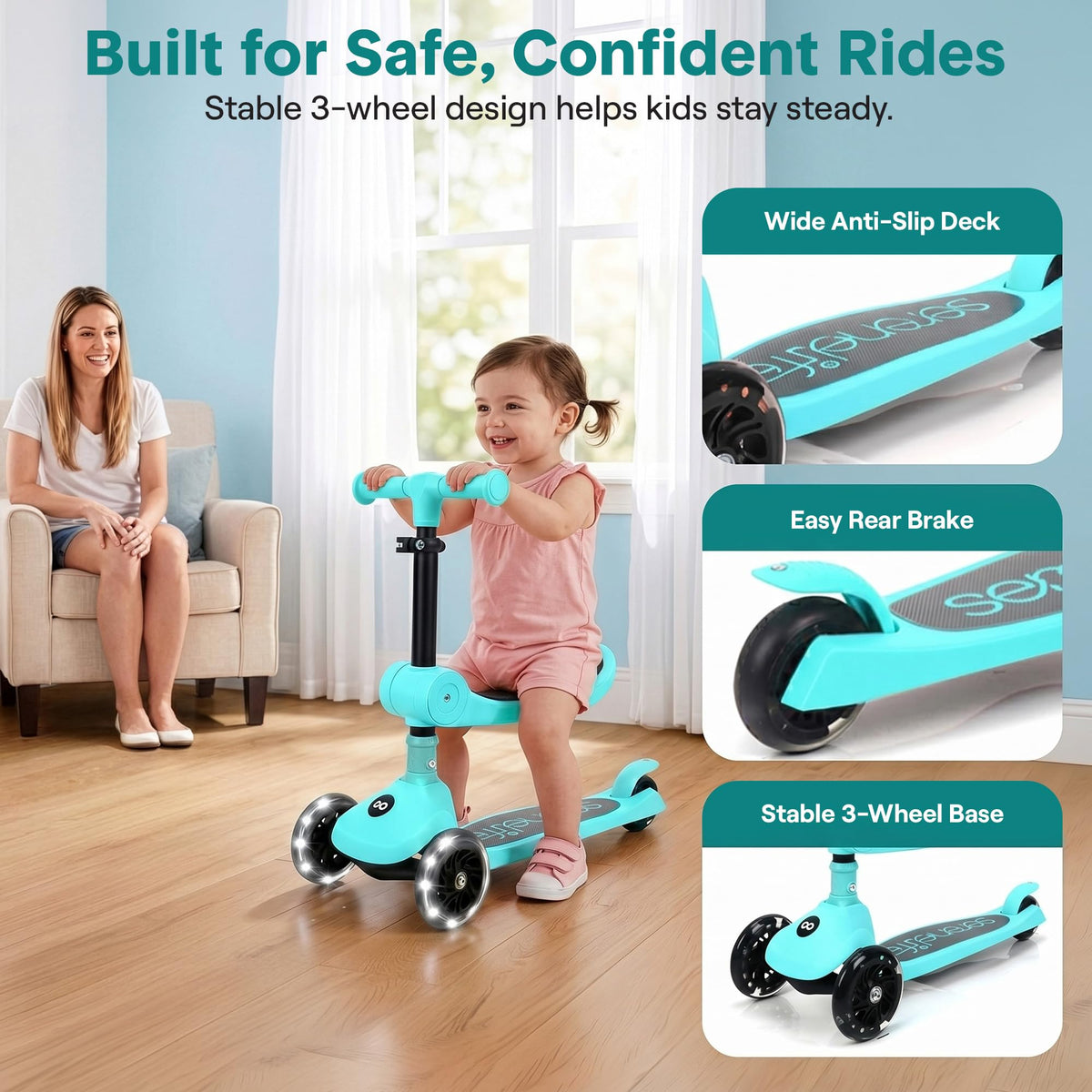 3-Wheel Kids Scooter with Seat, LED Wheels, Adjustable Handlebar G6496